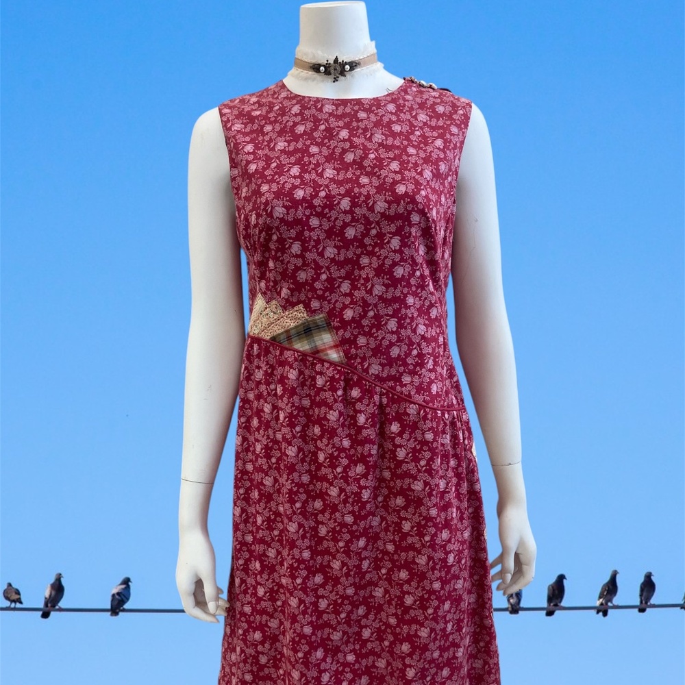 Cottagecore Floral Dress with Quilt-style accents and Button detail